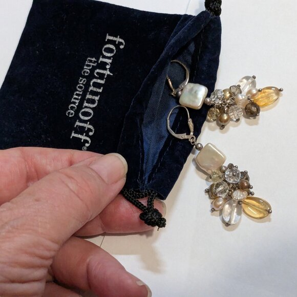 Long Sterling Cha-Cha Dangle Earrings with Golden Gemstones and Pearls - Picture 5 of 10